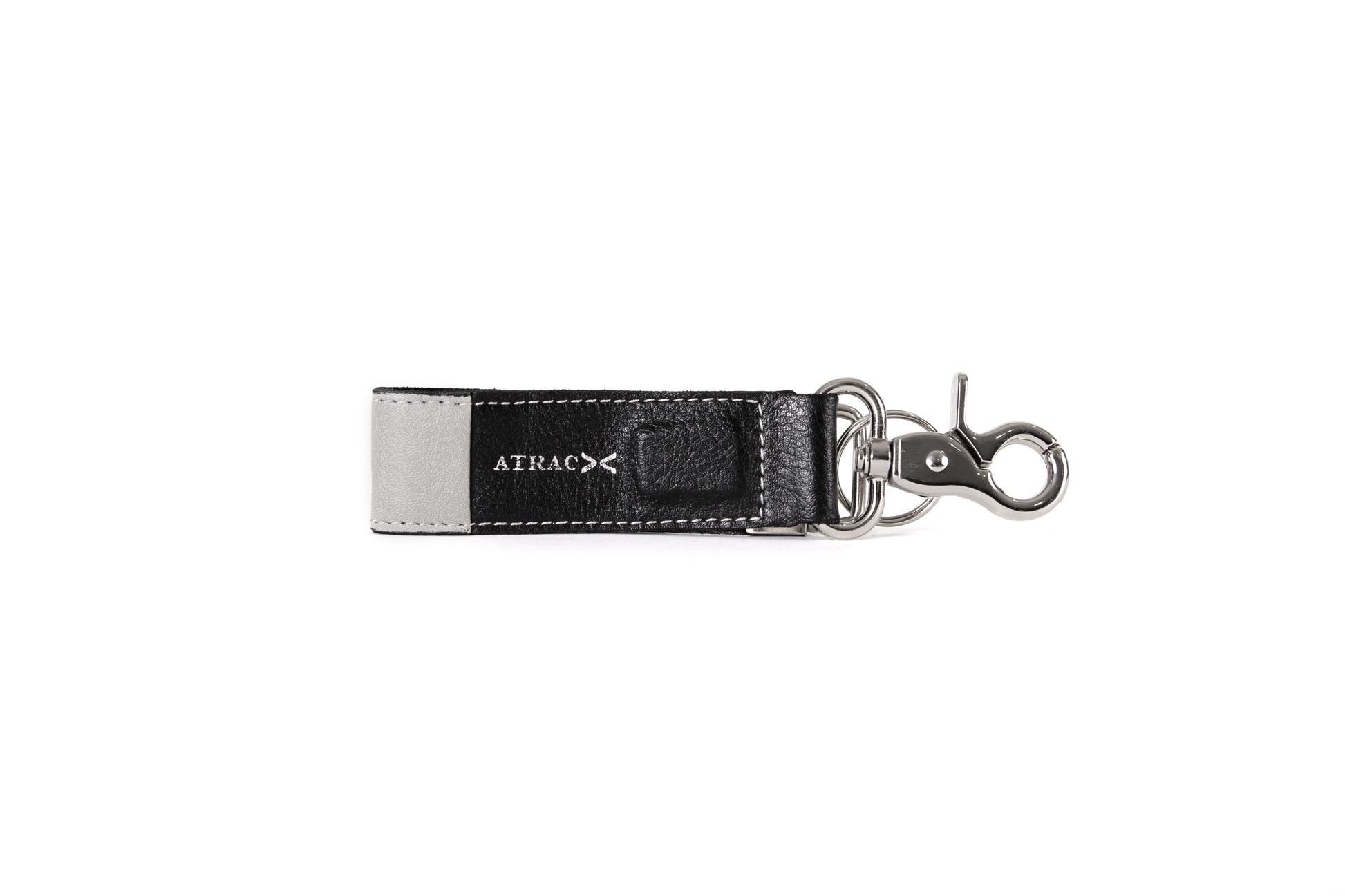 A black and gray vegan leather Keychain Bracelet.