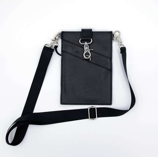 Black, vegan leather phone pouch with black cross body strap